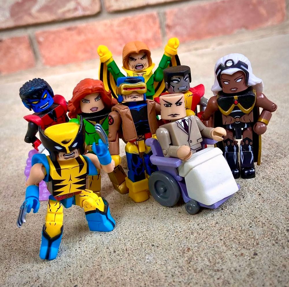 X-Men Minimates of Wolverine, Nightcrawler, Phoenix, Cyclops, Banshee, Professor X, Colossus, and Storm by Diamond Select Toys.
