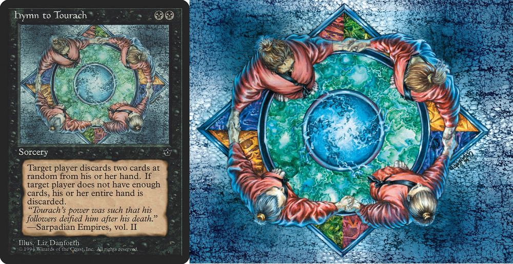 Four men in red robes, holding hands to cast a spell together. Card for Magic the Gathering: "Hymn to Tourach. 1994
