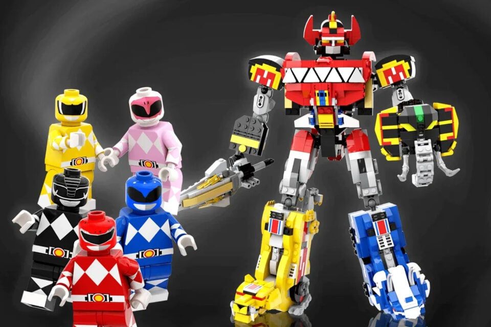 Screenshot of the Mighty Morphin' Power Rangers LEGO Set with the five rangers in the foreground as the LEGO Megazord stands tall in the background.