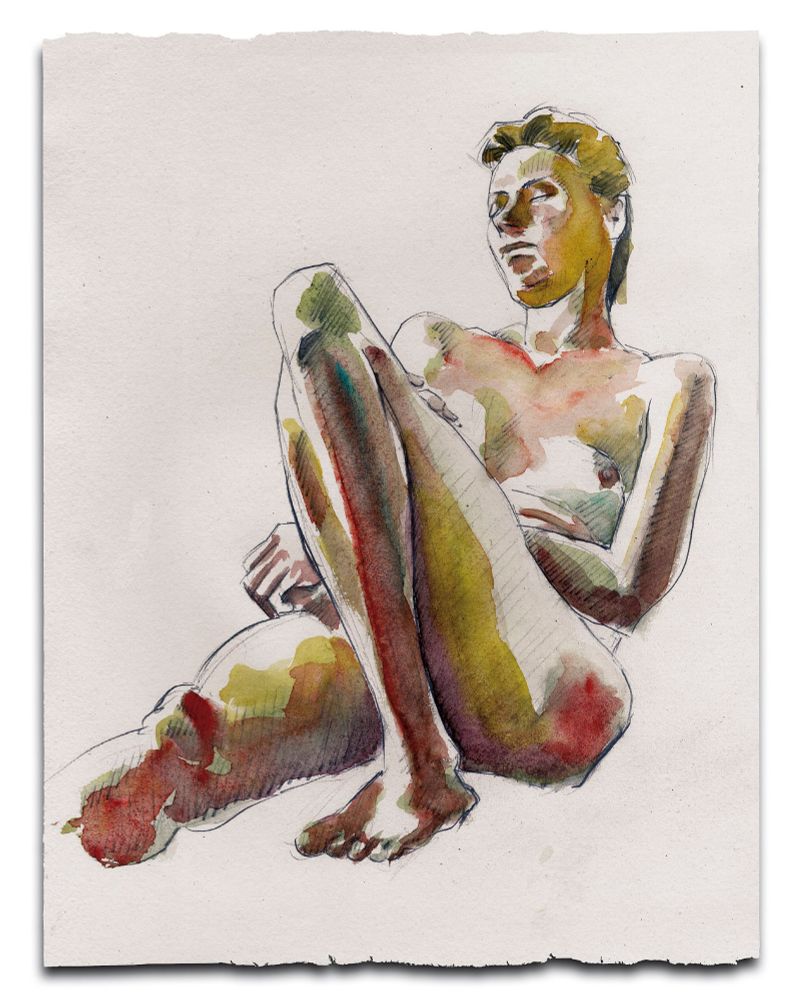 Watercolour painting of a nude seated model
