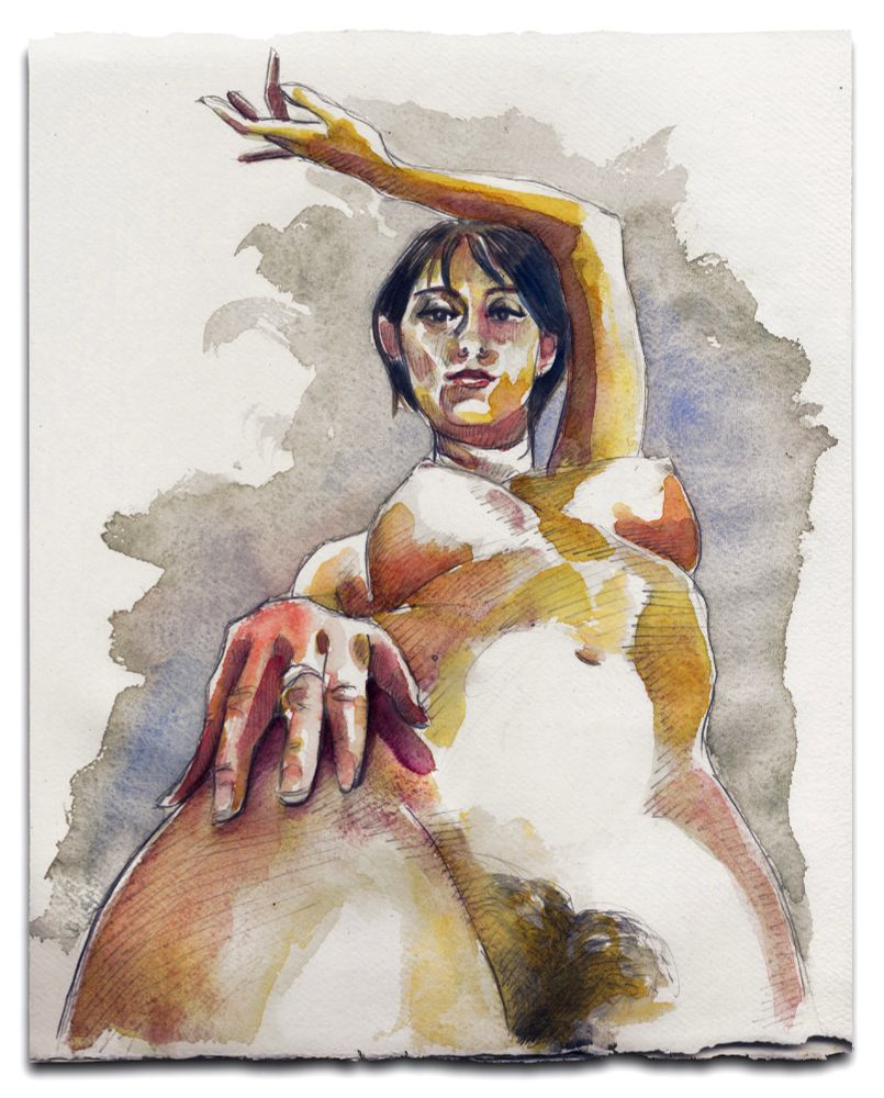 A watercolour painting of a nude female model