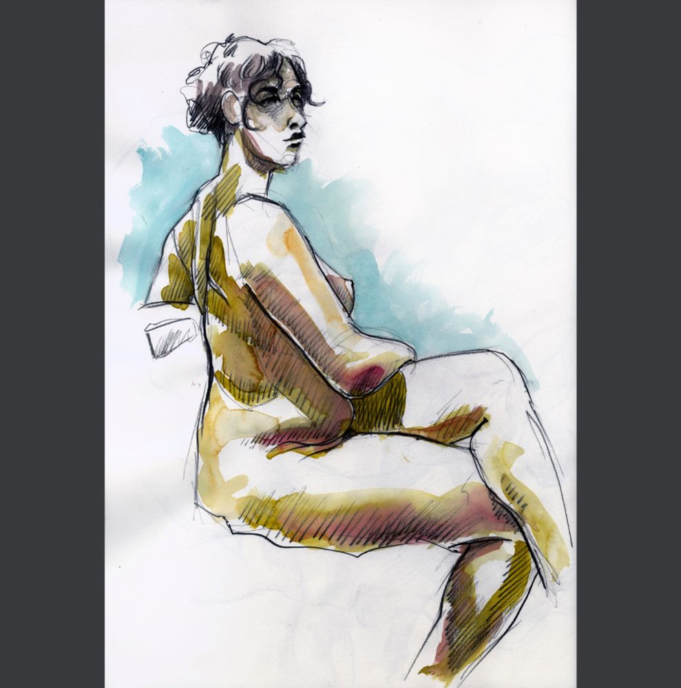 Soluble graphite and watercolour lifedrawing of a seated nude woman