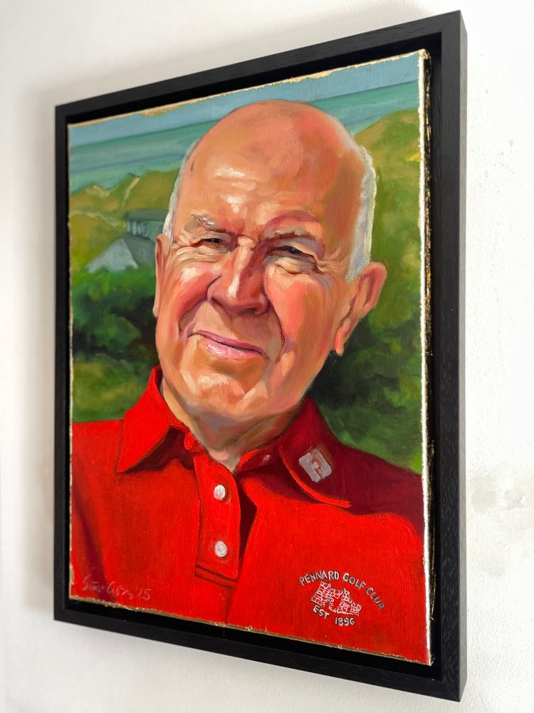 An original oilportrait of a man in a red polo shirt