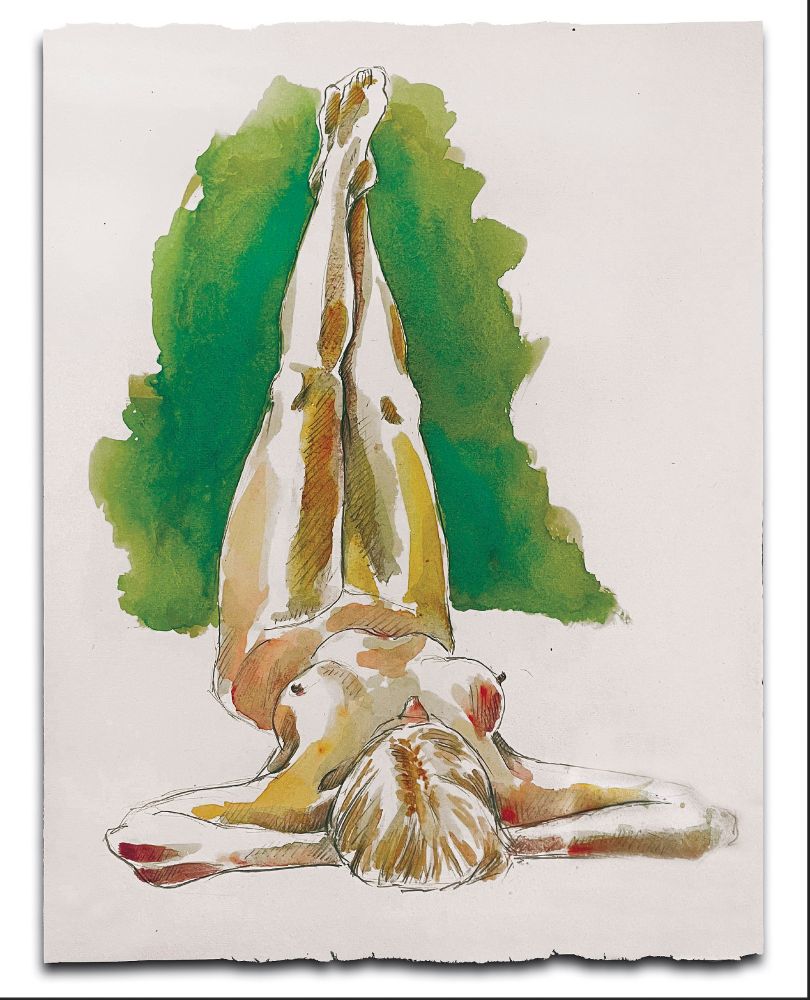 Nude portrait commission. Rear view of a nude woman with her legs agains a wall.