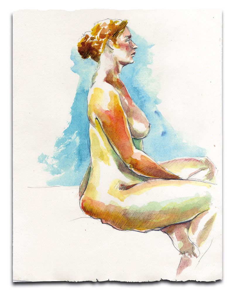 Watercolour painting of a female nude in a seated pose with a blue background