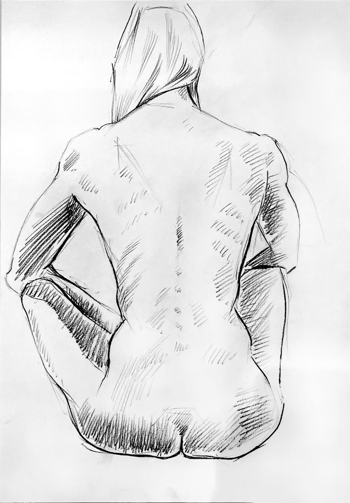 Nude portrait commission. Rear view of a nude woman sitting on her heels.