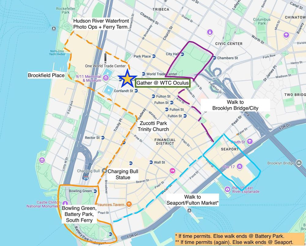 Map of the gameplay for Sunday.
Meet at WTC Oculus and proceed to South Ferry. If there is time the route will go to Fulton Market and City Hall.