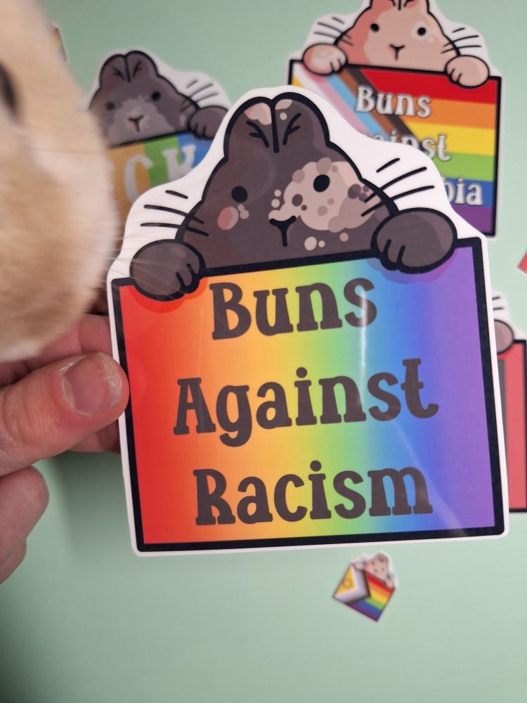 A picture of the "Buns against Racism" sticker. On the left is a beige bunny trying to photobomb