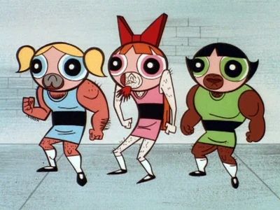 Screengrab of the three buff male criminals dressed as the Powerpuff Girls.