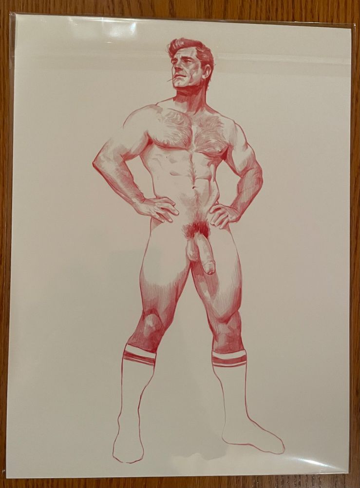 photo of a nude male print by the artist Red @allantics.bsky.social 
The figure is standing with his hands on his hips drawing the eye towards his large uncut phallus. The only article of clothing are white athletic socks.