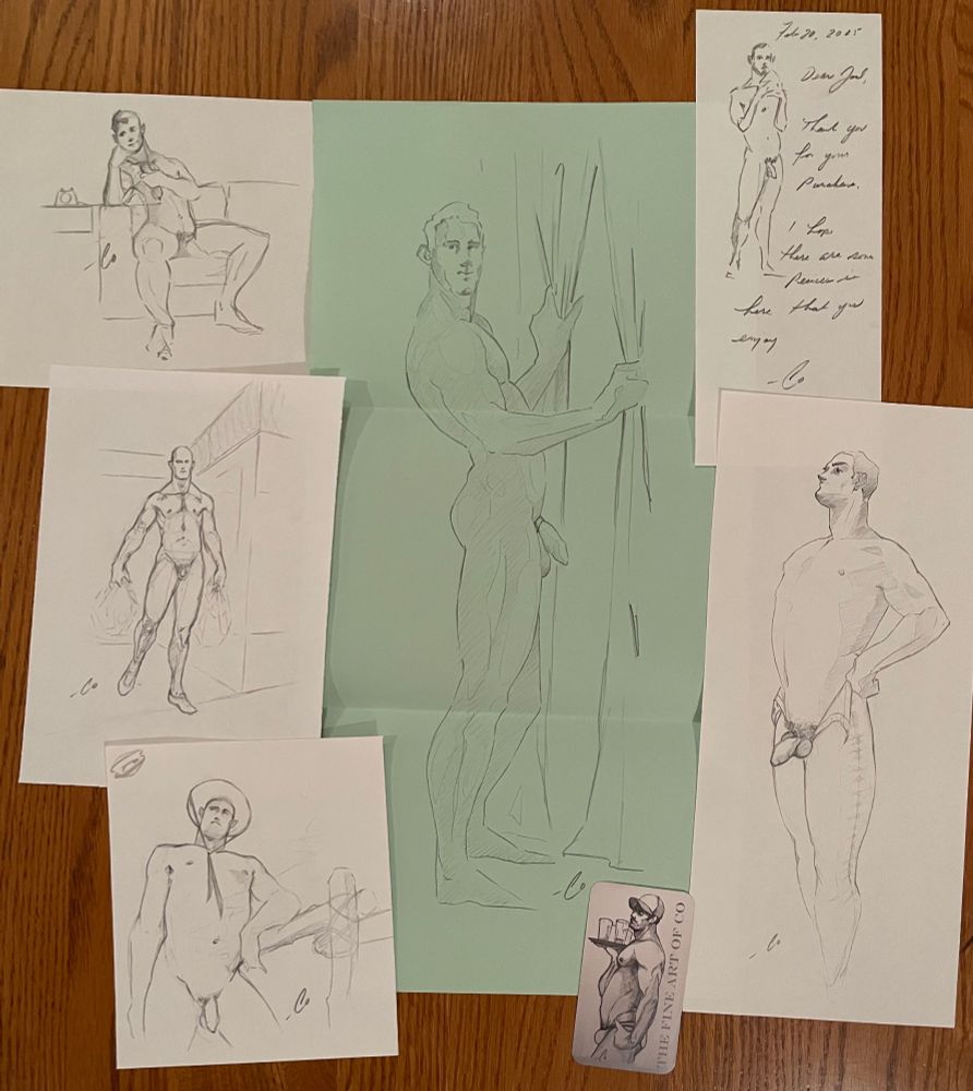 photo of 5 original pencil drawings of nude men by the artist Co 
@co-art.bsky.social also included a note with an extra drawing and a business card