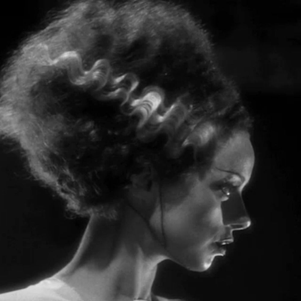 a black and white photo of a woman 's face and hair