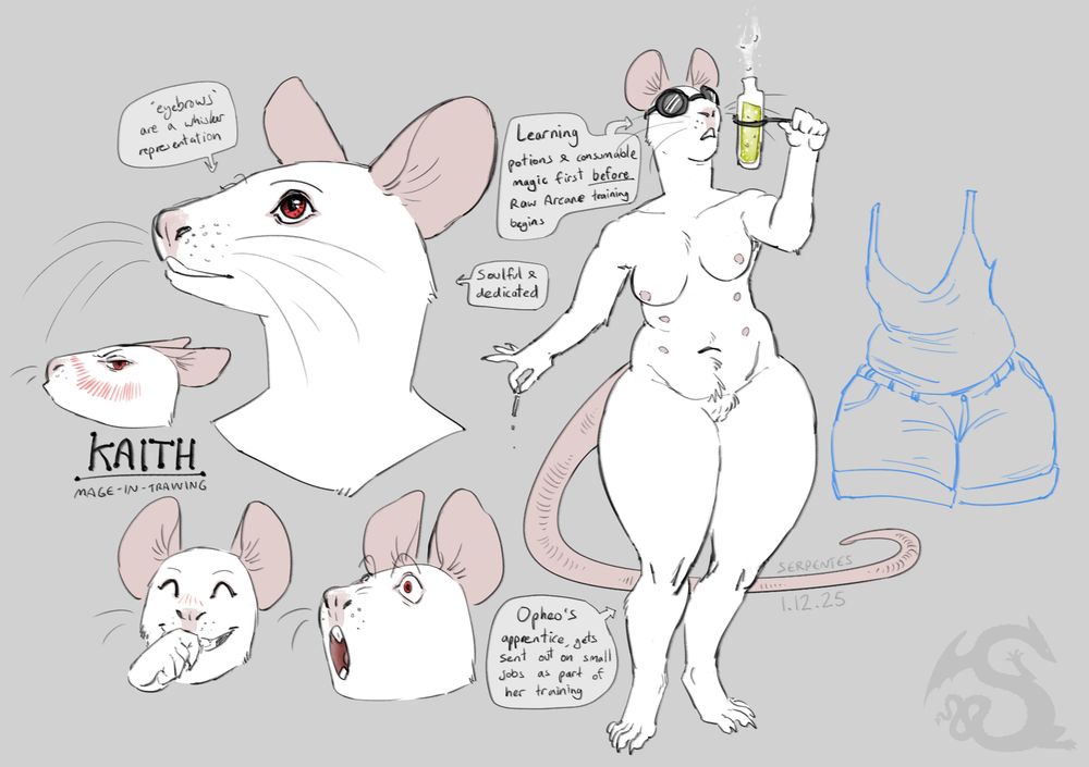 Kaith the white mouse, a sketch page. Three expressions (blushing, laughing, shock) and a full-head bust. A single full-body of her on the job. Her usual outfit is in blue to the right, just for fun. There are notes describing her, her design, and her job on the page.