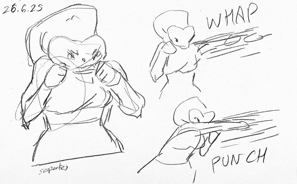 Vrimerious the white lipped pit viper standing in a defensive pose, and then throwing throwing punches, one left, one right. The words ‘whap’ and ‘punch’ add emphasis.