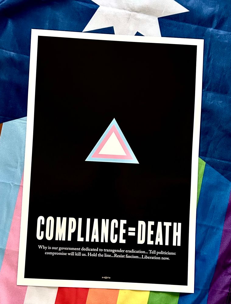 Black poster with trans flag in the shape of a triangle. Under the triangle it reads Compliance = Death