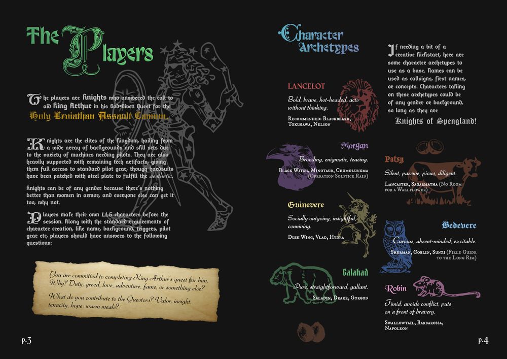 A black book page spread with ornate text and background illustrations. Reads:
The Players
The players are Knights who answered the call to aid King Arthur in his God-Given Quest for the 
 Holy Leviathan Assault Cannon. 

Knights are the elites of the Kingdom, hailing from a wide array of bacKgrounds and sKll sets due to the variety of machines needing pilots. They are also heavily supported with remaining tech artifacts, giving them full access to standard pilot gear, though hardsuits have been patched with steel plate to fulfill the aesthetic. 
Knights can be of any gender because there’s nothing better than women in armor, and everyone else can get it too, why not. 
Players make their own LL5 characters before the session. Along with the standard requirements of character creation, liKe name, bacKground, triggers, pilot gear etc, players should have answers to the following questions:
(Then in a box styled like old parchment:) You are committed to completing King Arthur’s quest for him. Why? Duty, greed, love, adventure, fame, or something else?
What do you contribute to the Questors? Valor, insight, tenacity, hope, warm meals?

The second page reads:

Character Archetypes
If needing a bit of a creative Kickstart, here are some character archetypes to use as a base. Names can be used as callsigns, first names, or concepts. Characters taking on these archetypes could be of any gender or background, so long as they are Knights of Spengland!

Lancelot [image of a red lion]
Bold, brave, hot-headed, acts without thinking.
Recommended: Blackbeard, Tokugawa, Nelson

Morgan [purple raven]
Brooding, enigmatic, teasing.
Black Witch, Minotaur, Chomolungma

Guinevere [yellow unicorn]
Socially outgoing, insightful, conniving.
Dusk Wing, Vlad, Hydra

Galahad [green bear]
Pure, straightforward, gallant.
Saladin, Drake, Gorgon 

Patsy (brown cow)
Silent, passive, pious, diligent.
Lancaster, Sagarmatha

Bedevere (blue owl)
Curious, absent-minded, excitable.
Sherman, Goblin, Sunzi