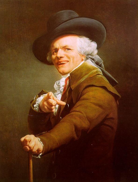 A 1793 self portrait by French painter Joseph Ducreux known for his unconventional portraiture at the time. He holds a cane, his mouth open in a laugh as he points directly at the viewer. 