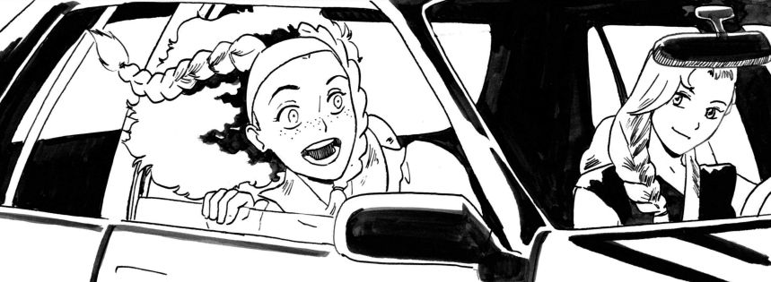 Naomi sticks her head out of a car window, happy as fuck.