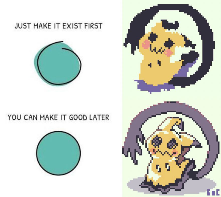 Mimikyu sketch and Mimikyu final drawing pixel art