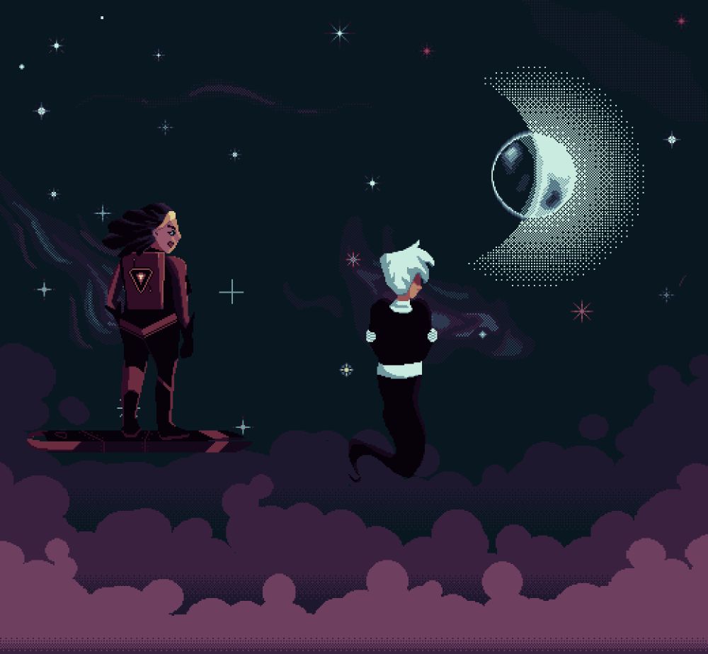 Old fanart of Danny Phantom and Valerie Grey flying above the clouds during a half moon. Danny is turned away from Valerie