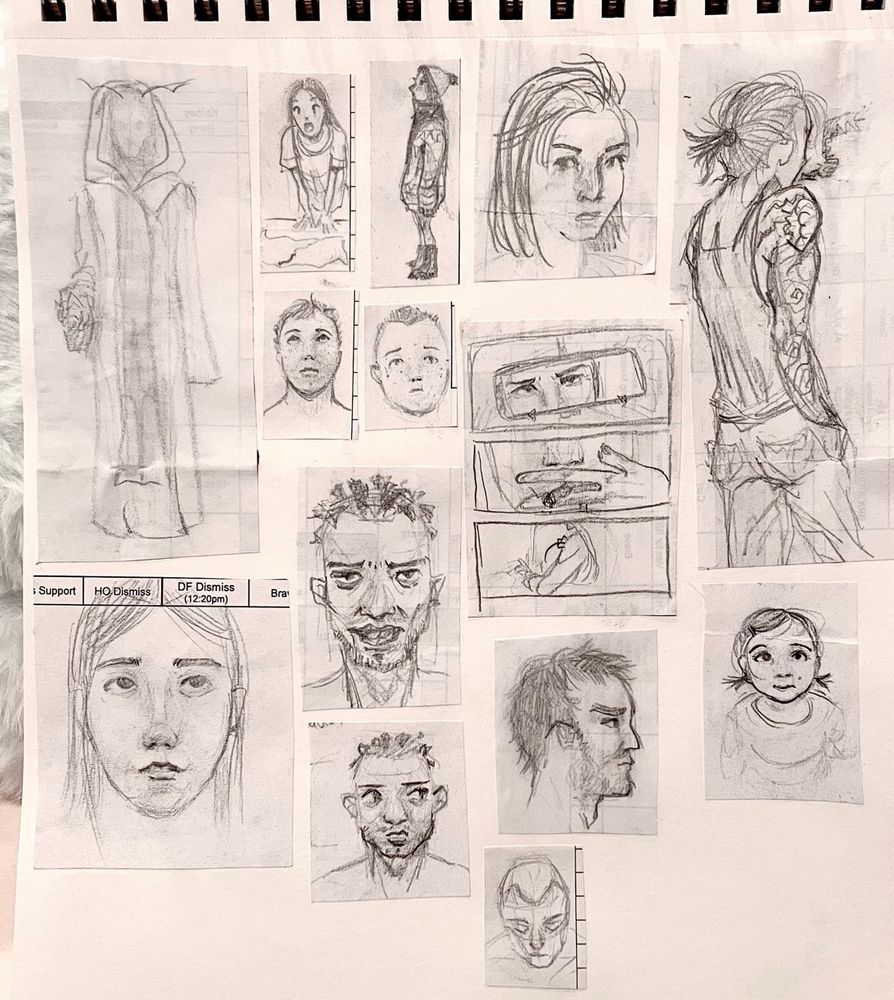 Collection of sketches cut and glued into a notebook pt3