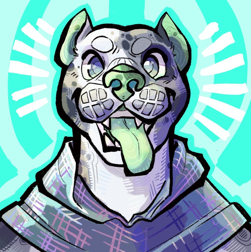 Stylized drawing of an anthropomorphic pitbull with mint green ears, nose, and tongue, wearing a chainmail hood.
