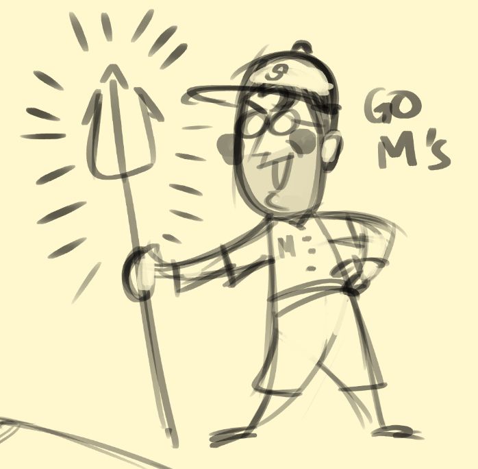 Doodle of the Medic from Team Fortress 2, wielding a trident, still in the Mariners uniform. Caption: "GO M'S"