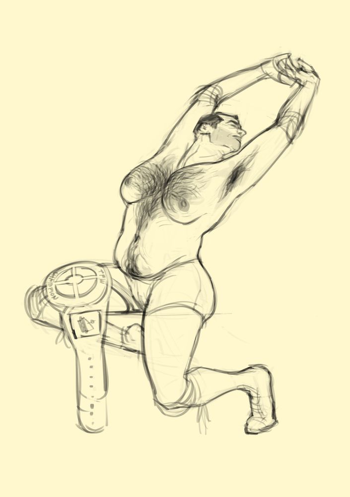 Sketch of the Medic from Team Fortress 2 in wrestling gear, stretching his arms. There is a title belt on his lap.
