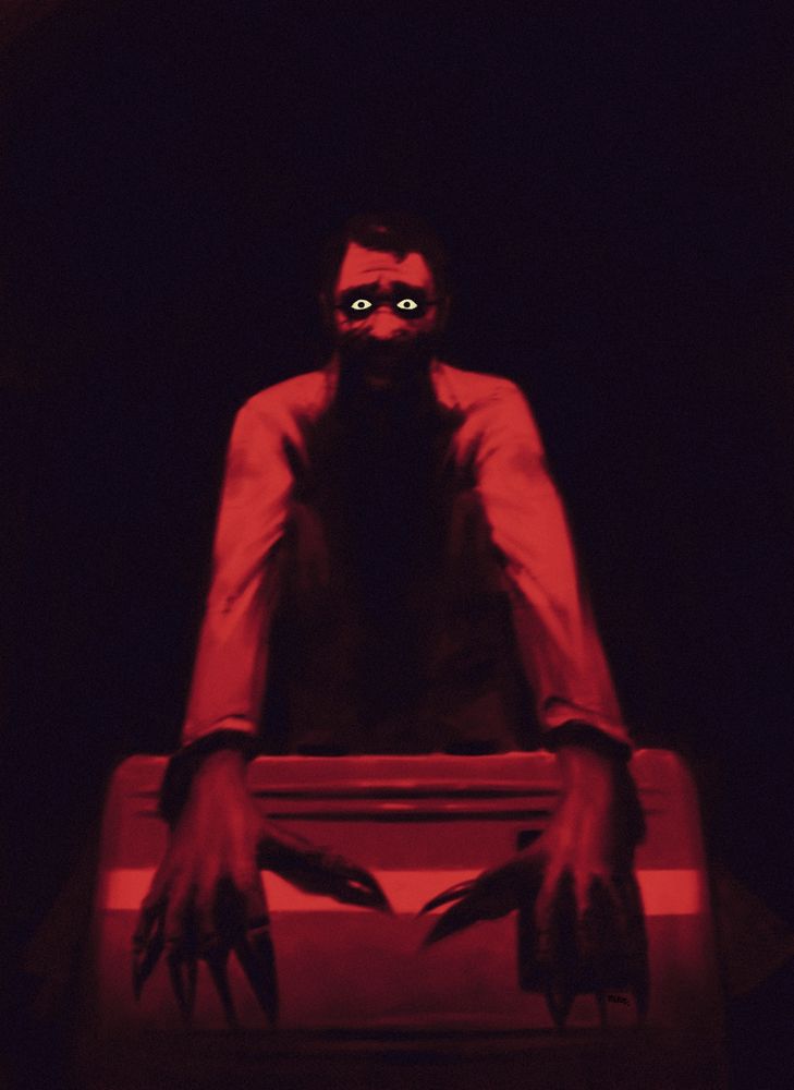 Painting of the Medic from Team Fortress 2. He is ominously lit in red, guarding a briefcase with his unusually long hands.