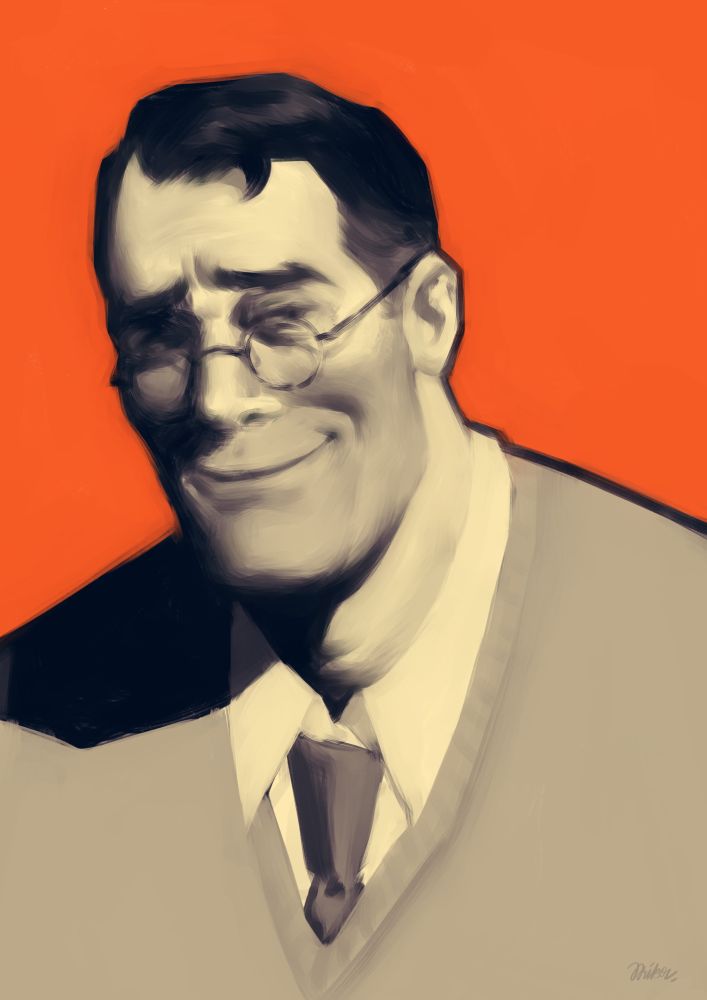 Monochrome portrait of the Medic from Team Fortress 2 against an orange background.