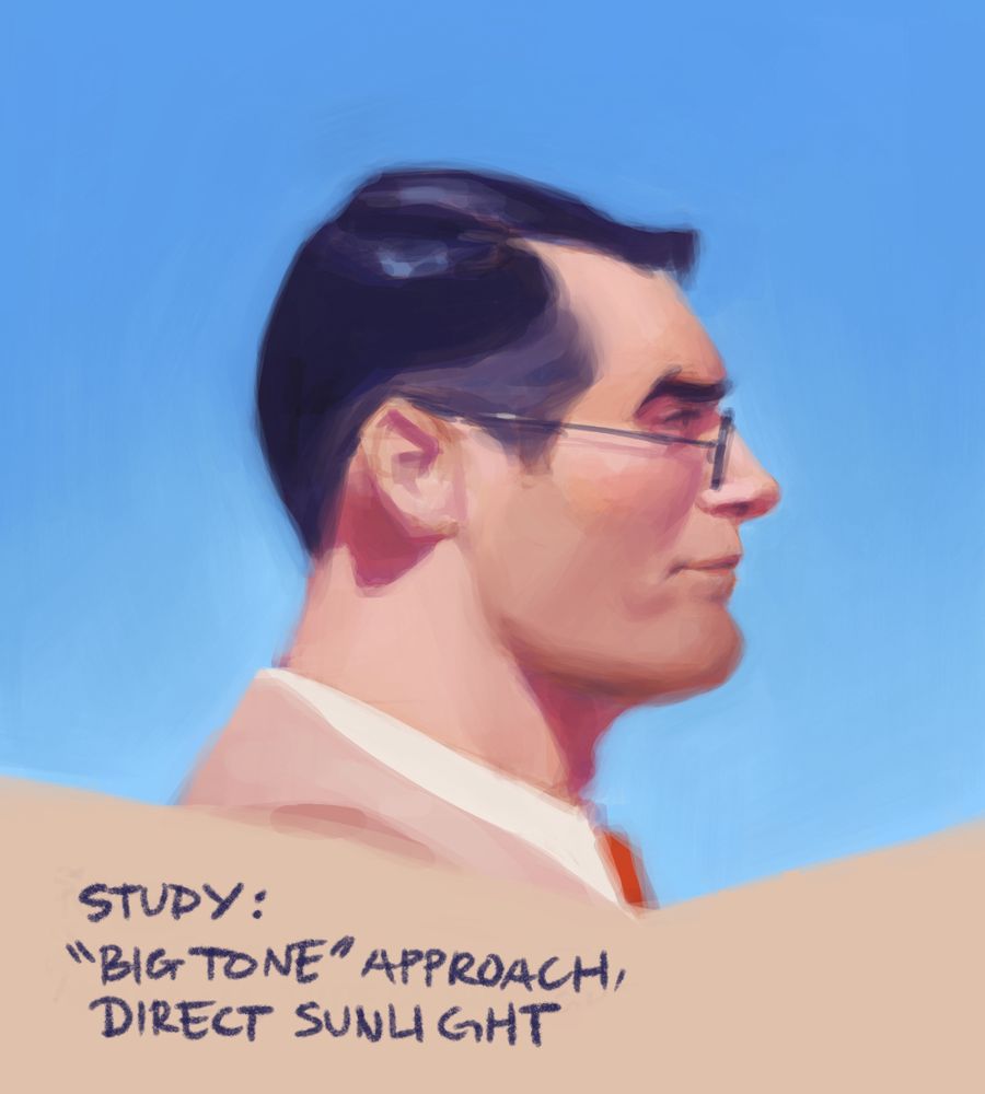 Study focusing on the "big tone" approach, which involves laying down large flat approximations of the light, halftone, and shadow planes first and then making the appropriate refinements until a convincing form is achieved. The lighting is direct sunlight placed above the subject's head.