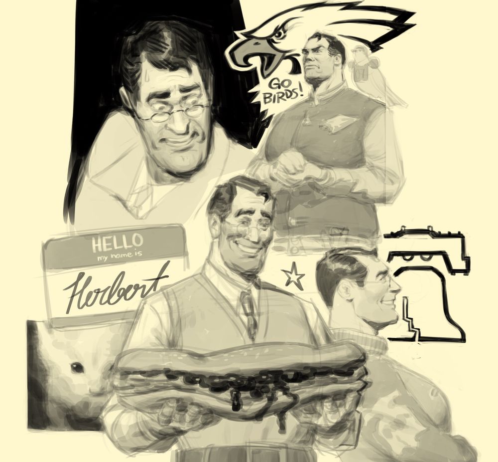 Various sketches of the Medic from Team Fortress 2, along with Herbert the kitten at lower left.