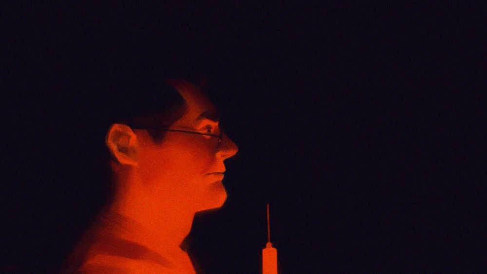 Painting of the Medic from Team Fortress 2 in ominous lighting, holding up a syringe.