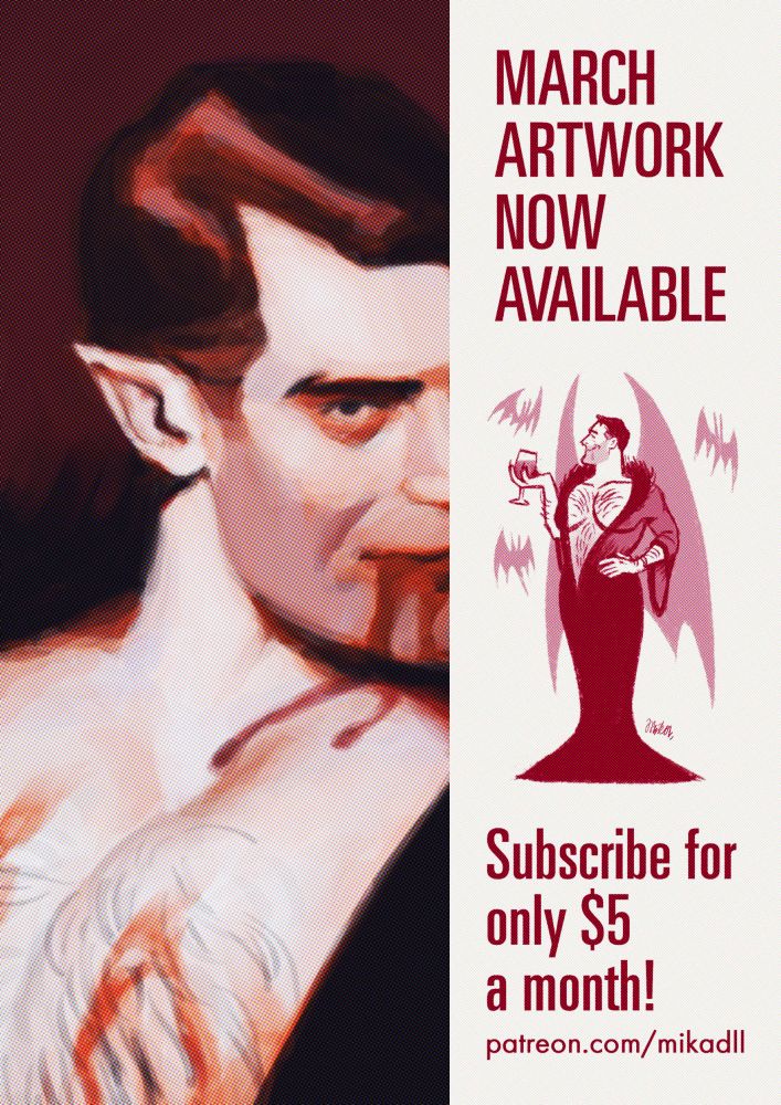 Promotional poster for this month's Patreon-exclusive artwork. On the left is a cropped preview of the aforementioned piece, on the right is some text and a small cartoon of Medic (Team Fortress 2) as a vampire in a nightgown. Text reads: "MARCH ARTWORK NOW AVAILABLE-- Subscribe for only $5 a month!". The Patreon link (patreon.com/mikadll) is included at the bottom of the text.