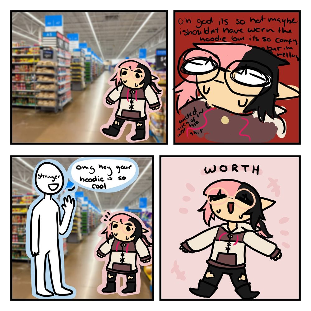 a four panel comic showing me being very warm in the novice gear hoodie, but it all worth it because a radom stranger said it was a cool hoodie