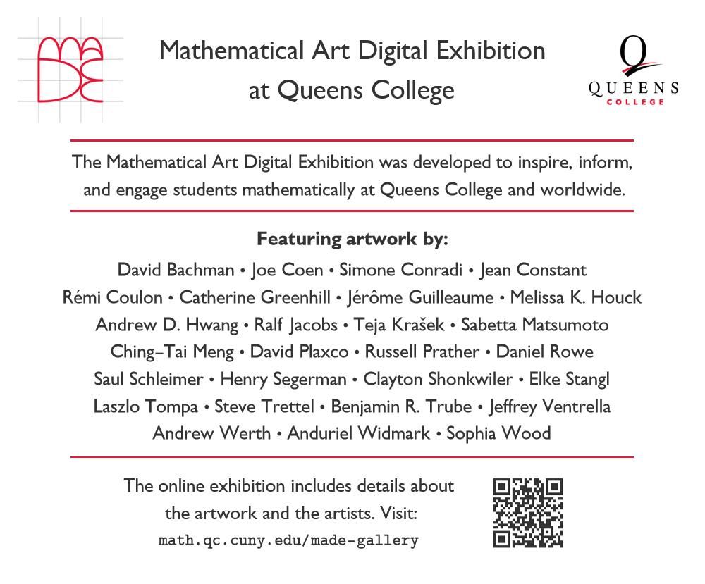 A page announcing the Mathematical Art Digital Exhibition at Queens College, which was developed to inspire, inform, and engage students mathematically at Queens College and worldwide.