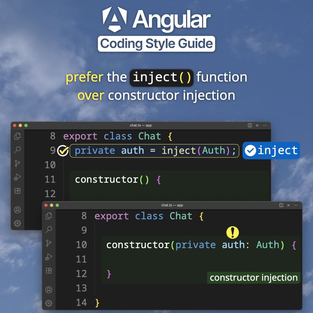 Prefer the inject() function over constructor injection in Angular (Coding Style Guide 2025)