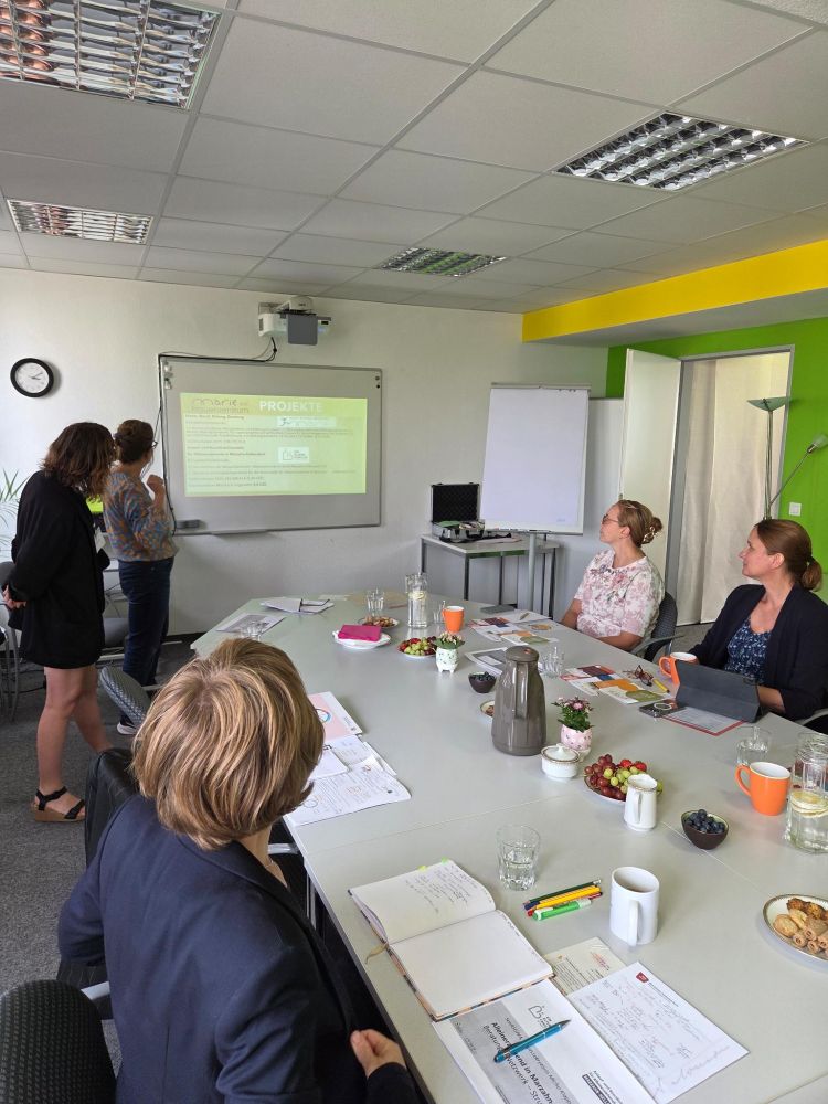 Mehrere Frauen sitzen in einem Besprechungsraum um einen Tisch, während zwei Frauen vorne eine Präsentation auf eine Leinwand projizieren. Auf dem Tisch liegen Notizbücher, Getränke, Snacks und Obst. Es herrscht eine konzentrierte, freundliche Atmosphäre.