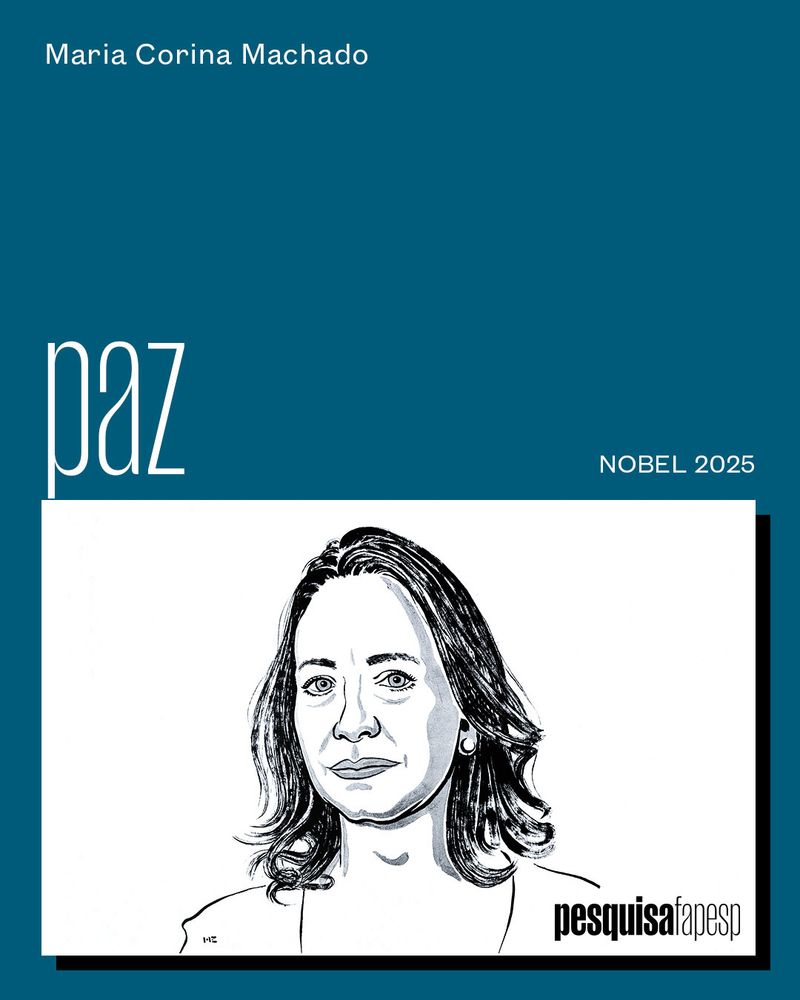 Imagem colorida. Texto em letras brancas sobre fundo azul e ilustrações em traços pretos sobre fundo branco na parte inferior da imagem. No canto superior o texto é:     MARÍA CORINA MACHADO 
Logo acima da ilustração o texto é: Paz Nobel 2025
 Ilustração em traços pretos do retrato de uma mulher de cabelos lisos e compridos na altura dos ombros.
No canto inferior direito está o logo de Pesquisa FAPESP.