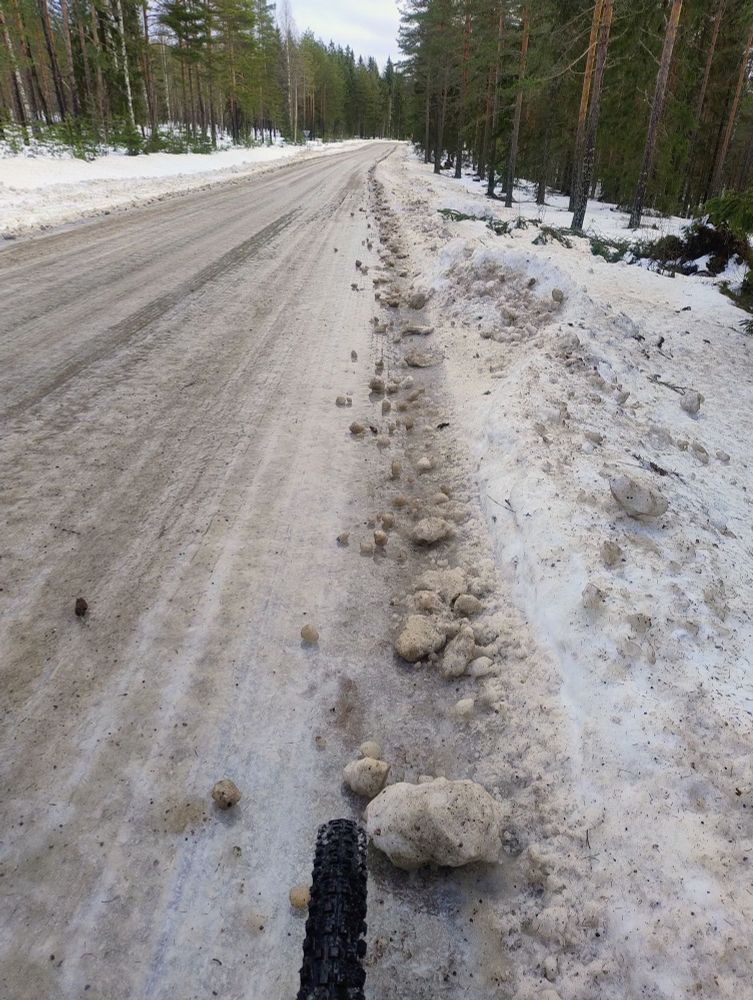 Jäinen tie metsän siimeksessä. Tien reunassa on aurauksen jäljiltä irtonaisia loskapaakkuja, joista suurimmat käsipallon kokoluokkaa