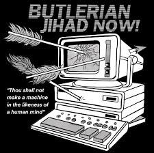 Butlerian Jihan Now! Dune reference with arrows shattering a computer 