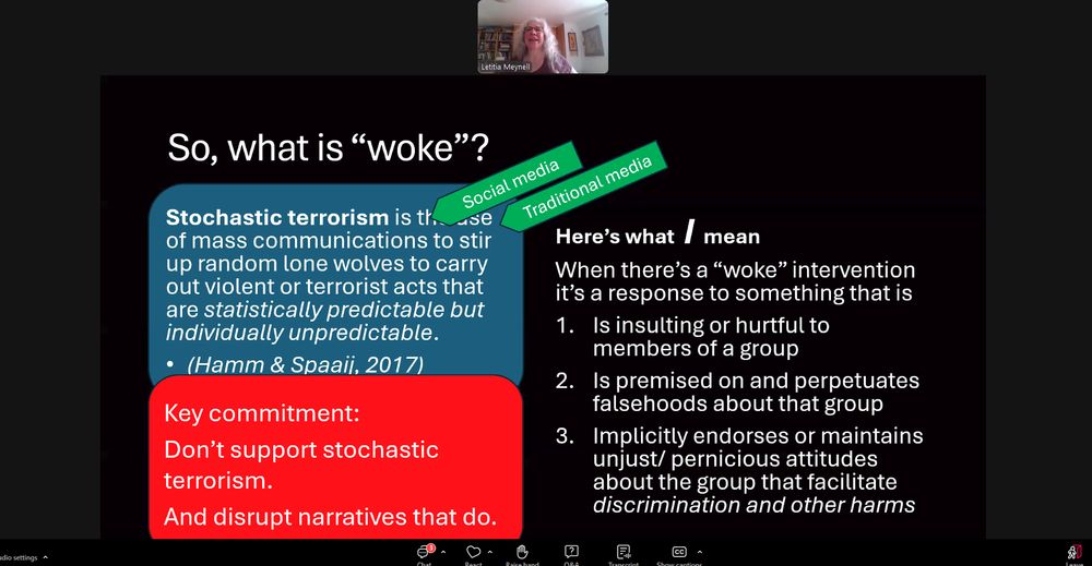 Slide from a powerpoint presentation. The slide includes definitions of 'woke' and 'stochastic terrorism'. 