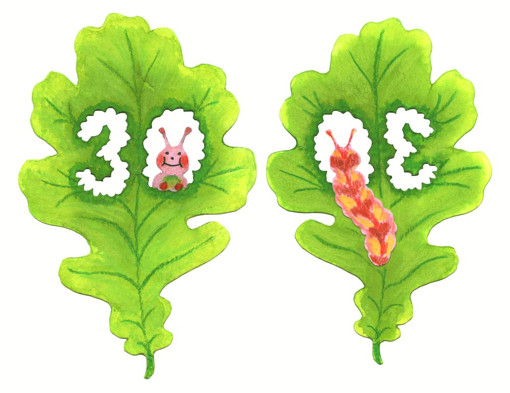 a birthday card shaped like an oak leaf. a cute caterpillar is munching on the leaf and it's made a hole in it that says 30. the card is double sided
