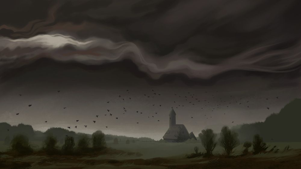 a digital painting of a dark landscape with heavy clouds and lots of distant birds flying in the sky. there's an old churchy looking building and some messy foliage