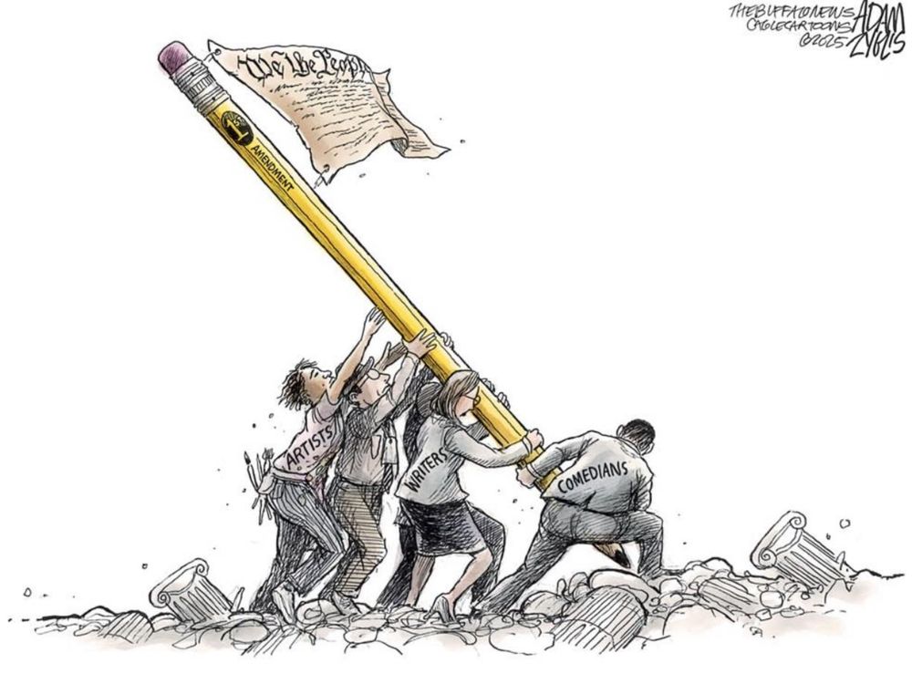 A political cartoon by artist Adam Zyglis depicting four people standing amid the rubble of several marble column working together to raise a giant number two pencil like a flag pole. The preamble to the constitution flaps in the breeze on the top of the pencil, like a flag on a flag pole. The people raising the flag are labled as artists, writers, and comedians. The pose and image is a reference to the classic photograph and statue from World War 2 of U.S. Marines raising the flag on Iwo Jima.