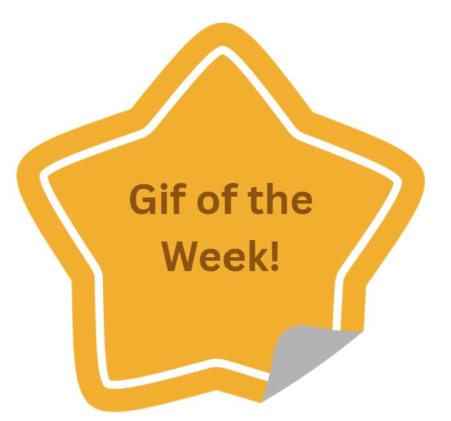 A picture of a gold star sticker with the corner peeling up that says "gif of the week!"