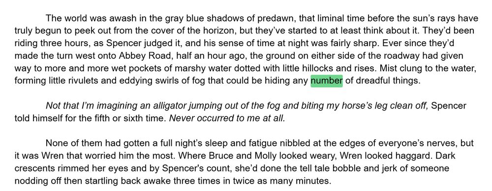 The world was awash in the gray blue shadows of predawn, that liminal time before the sun’s rays have truly begun to peek out from the cover of the horizon, but they’ve started to at least think about it. They’d been riding three hours, as Spencer judged it, and his sense of time at night was fairly sharp. Ever since they’d made the turn west onto Abbey Road, half an hour ago, the ground on either side of the roadway had given way to more and more wet pockets of marshy water dotted with little hillocks and rises. Mist clung to the water, forming little rivulets and eddying swirls of fog that could be hiding any number of dreadful things. 

Not that I’m imagining an alligator jumping out of the fog and biting my horse’s leg clean off, Spencer told himself for the fifth or sixth time. Never occurred to me at all. 

None of them had gotten a full night’s sleep and fatigue nibbled at the edges of everyone’s nerves, but it was Wren that worried him the most. Where Bruce and Molly looked weary, Wren looked haggard. Dark crescents rimmed her eyes and by Spencer's count, she’d done the tell tale bobble and jerk of someone nodding off then startling back awake three times in twice as many minutes. 
