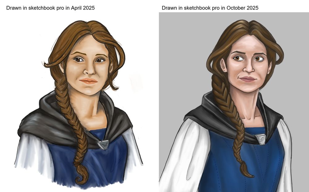 A split screen of two digital character drawings showing the artist's growth over time. The drawing is a portrait of a wyoung woman with brown hair in a long braid, tan skin, and brown eyes. The woman has a skeptical expression. She is wearing a black cowl around her shoulders, a white blouse, and a dark blue vest. The first drawing is labeled as being drawn in April of 2025 and the second picture is labeled as being drawn in October of 2025. 