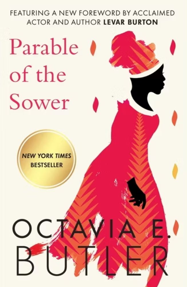 A book cover for the science fiction classic Parable of the Sower by Octavia Butler. The cover is white with the silhouette of a black woman in a red dress with a red head wrap. 