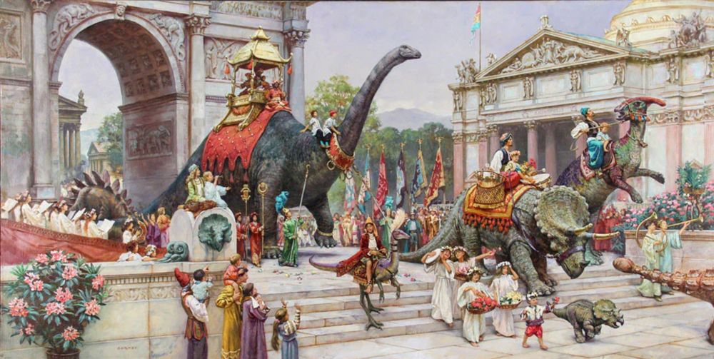 An illustration from the book Dinotopia by James Gurney showing a dinosaur parade. A triceratops and a brontosaurus lead a parade with children carrying baskets of flowers and bystanders waving. They walk through the city streets with large marble arches and lots of colorful flags. 